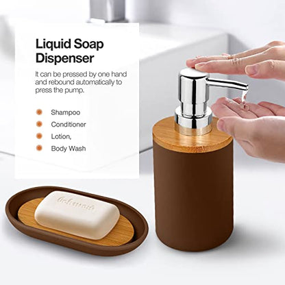 Bathroom Accessory Set, 6 Pcs Bathroom Essential Includes Toothbrush Holder, Toilet Brush with Soap Dispenser, Toothbrush Cup, Soap Dish, Trash Can (Brown, Bamboo) - style: Brown