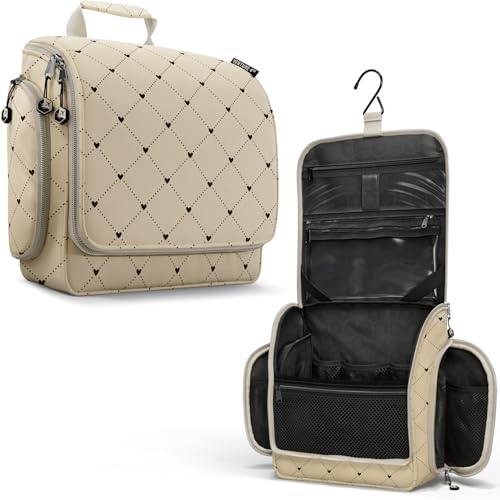 VENTURE 4TH Hanging Travel Toiletry Bag, 17 Compartments - Beige Diamonds | Hangs on rails, hooks or doors; stands upright too. Removable TSA pouch. Water-resistant 900D Nylon, reinforced stitching. - color: Beige Diamond