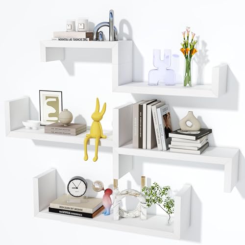 Solid Wood Floating Shelves for Wall, Set of 5 Multi Size Wall Mount Storage Shelves for Bathroom Bedroom Kitchen Living Room Office, Modern Decor Floating Wall Shelves Black - color: White