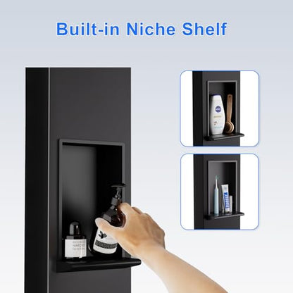 PF Shower Panel Tower Adjustable Shower Arm Height Rainfall Head System | Stainless Steel Shower Panel with Shelf and 6 Body Massage Jets Bathroom Black Shower Column Panels 5-Mode Handheld Shower - color: 6 Jets with Shelf-Black