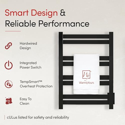 WarmlyYours Maple Heated Towel Rack, 8 Bars, Matte Black, Hardwired | Wall-mounted electric towel warmer with 8 heated bars and integrated on/off switch, hardwired bathroom heater - color: Matte Black (8 Bars)