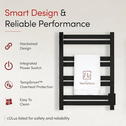 WarmlyYours Maple Heated Towel Rack, 8 Bars, Matte Black, Hardwired | Wall-mounted electric towel warmer with 8 heated bars and integrated on/off switch, hardwired bathroom heater - color: Matte Black (8 Bars)