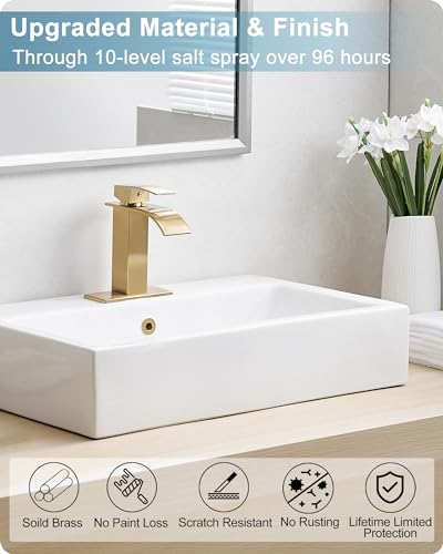 Gold Bathroom Faucet Waterfall, Brass Bathroom Faucets Single Hole or 3 Hole 4 Inch, Single Handle Bathroom Sink Faucet with Deck Plate & Drain - color: Brushed Gold - Elegant