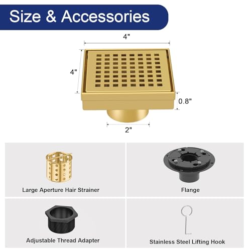 4 Inch Brushed Gold Square Shower Drain with Removable Grate | AISI 304 Stainless Steel Shower Drain, Shower Floor Drain with Hair Catcher & ABS Flange, Fits Bathroom & Balcony etc - color: Brushed Gold, size: 4 in