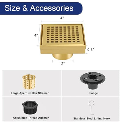 4 Inch Brushed Gold Square Shower Drain with Removable Grate | AISI 304 Stainless Steel Shower Drain, Shower Floor Drain with Hair Catcher & ABS Flange, Fits Bathroom & Balcony etc - color: Brushed Gold, size: 4 in
