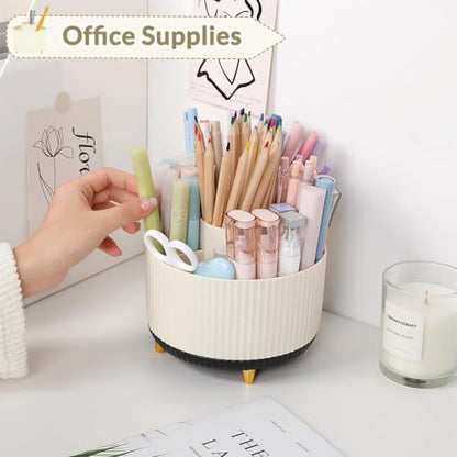 SKYDUE 360 Rotating Organizer, Dual-Purpose Pencil Pen Holder, 5-Slot Rotating Pencil Cup for Office, School, Home (Beige-Black) - color: BeigeBlack_1Pack