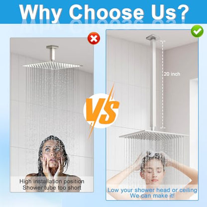 Ceiling Mount Shower Arm with Flange 20 Inches Square Straight Extender Extension Pipe Replacement, Long Shower Arm For Fixed Rain Shower Head or High Ceiling,Brushed Nickel - color: Brushed Nickel, style: 20inch