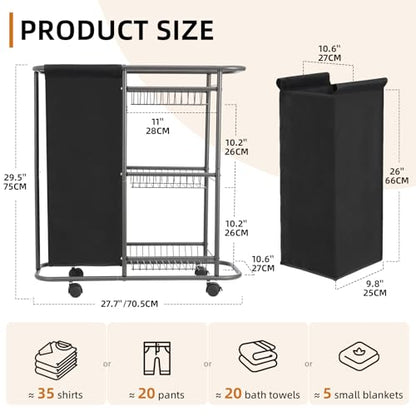 3-Tier Rolling Laundry Cart with Wheels and 45L Bag, Black | Between Washer and Dryer, Heavy Duty, For Narrow Space Laundry Room Bathroom Bedroom - color: Black
