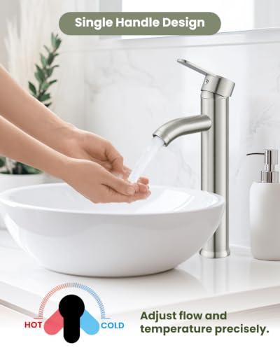 gotonovo Bathroom Vessel Sink Faucet Metal Pop Up Drain, Brushed Nickel | Tall Bathroom Faucet 1 Hole Single Handle Modern Round Body, cUPC Water Supply Hoses, for Basin Vanity Lavatory Restroom Rv - color: Nickel