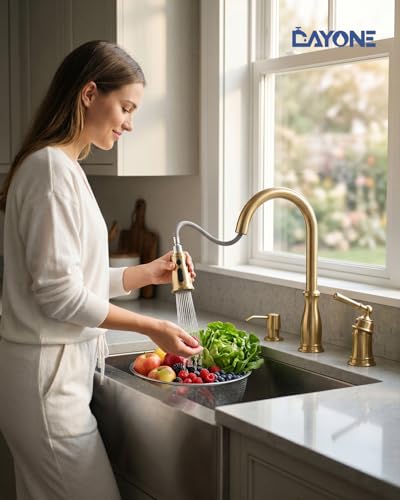 DAYONE Brushed Gold Kitchen Sink Faucet - Separate Handle 3 Holes，Gold Pull Down Faucet with Soap Dispenser，Sink Faucet for Kitchen, Single Handle High Arc - color: Brushed Gold, style: Separate handle