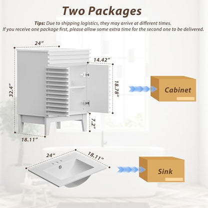 APRILSOUL 24" Bathroom Vanity with Ceramic Sink, Mid-Century Bathroom Vanity Cabinet with 2 Soft Closing Doors, Freestanding Bathroom Cabinet, Particleboard Frame with Wood Grain Laminate, White - color: White/ White Sink, size: 24 Inch