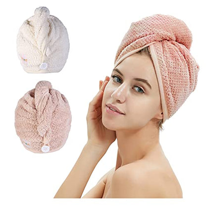 M-bestl 2 Pack Microfiber Hair Towel Wrap,Quick Dry,Anti-frizz(Pink&Beige) | Hair Drying Towel for Women with button,lightweight,Anti-frizz Absorbent hair Turban Towel for Long Thick Curly Hair - color: Beige&pink