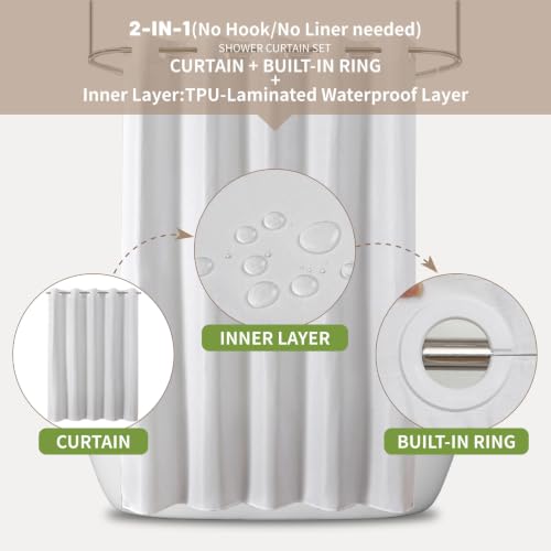 eachope No Hook Shower Curtain, Waterproof Slub Fabric, White 71x77 in | no separate liner, split grommets, waterproof backing, weighted hem, 160GSM slub fabric, machine washable, renter friendly - color: White, size: 71"WX77"L (pack of 1)