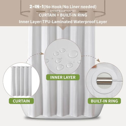 eachope No Hook Shower Curtain, Waterproof Slub Fabric, White 71x77 in | no separate liner, split grommets, waterproof backing, weighted hem, 160GSM slub fabric, machine washable, renter friendly - color: White, size: 71"WX77"L (pack of 1)