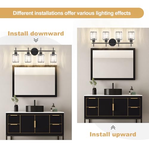 Black Bathroom Light Fixtures, Square, 4-Light | Vanity Lights with Crystal Shades, Modern Bathroom Lighting Fixtures over Mirror (Bulbs Not Included, E26) - color: Black (Square), size: 4-Light