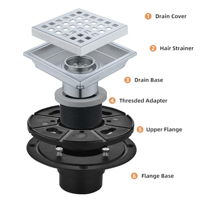 Square Shower Drain 4-Inch. with ABS Flange, Removable Grille,Bathroom Brushed Stainless Steel Shower Floor Drain - color: 4-inch Brushed