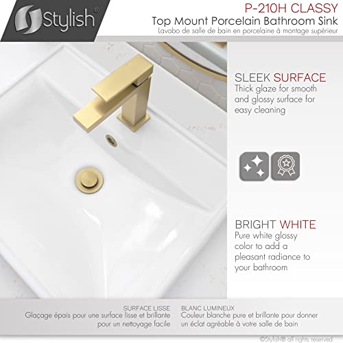 Stylish Drop in Bathroom Sink 20 1/4 x 16 Inch Porcelain Rectangular Bathroom Sinks Shiny Finish Smooth and Stain Resistant Surface with Chrome and Matte Black Overflow, P-210H - style: Modern