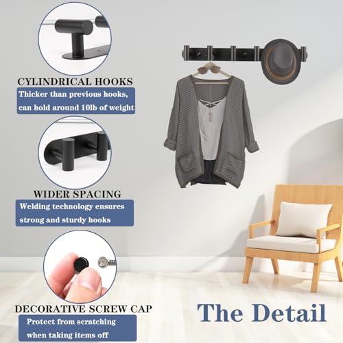 Wall Mounted Coat Hook Rack with 6 Heavy Duty Stainless Steel Hooks for Hanging Clothes, Jackets, Towels - Matte Black - color: Matte Black, size: 6 Hook