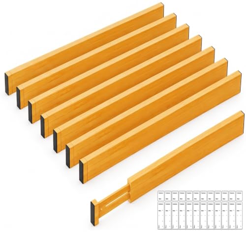 Adjustable Bamboo Drawer Dividers Expandable 8 Pack 17-22 Organizer | Kitchen, Dresser, Closet, Bathroom, Bedroom & Office Storage, Solid Moso Bamboo, Spring-Loaded, 80 Labels