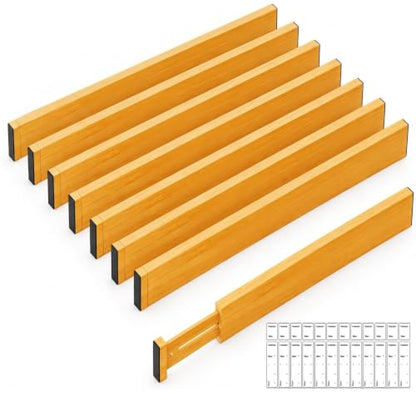 Adjustable Bamboo Drawer Dividers Expandable 8 Pack 17-22 Organizer | Kitchen, Dresser, Closet, Bathroom, Bedroom & Office Storage, Solid Moso Bamboo, Spring-Loaded, 80 Labels