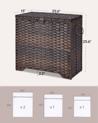 130L Wicker Laundry Hamper with Lid, 3-Section Laundry Basket | 3 Removable Liner Bags; 4 Included Mesh Laundry Bags; Handwoven PP Wicker; Reinforced Steel Frame - color: Brown