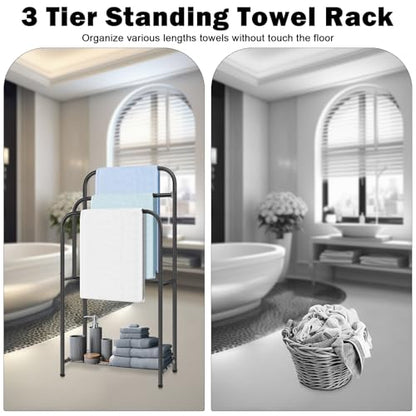 Towel Racks for Bathroom, 35" H Standing Towel Holder 3 Tier Metal Pool Towel Hanger Outdoor Floor with Storage Shelves for Blanket Bath Towel Drying (Matte Black)