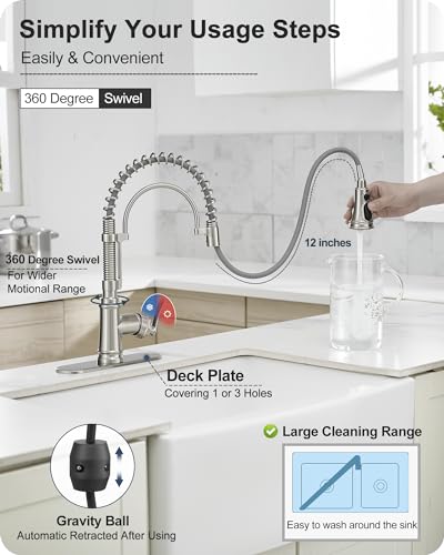 Pull-down Sprayer Kitchen Faucets Brushed Nickel 3 Mode Single Hole Kitchen Faucet 3 Hole, 360 Degree Swivel Stainless Steel Faucet for Kitchen Sink, 1 Handle Kitchen Sink Faucet with Deck Plate - color: Brushed Nickel - Modern