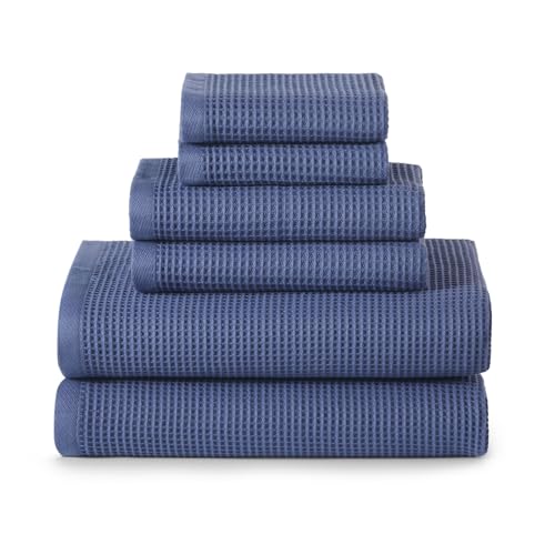 ecolook 6-Piece Waffle Weave Towel Set, 100% Cotton, Lightweight, Absorbent & Quick-Drying, 2 Bath Towels (31×63 in), 2 Hand Towels, 2 Washcloths, Lint-Free for Bathroom, Pool, Gym, Travel - Blue - color: Blue