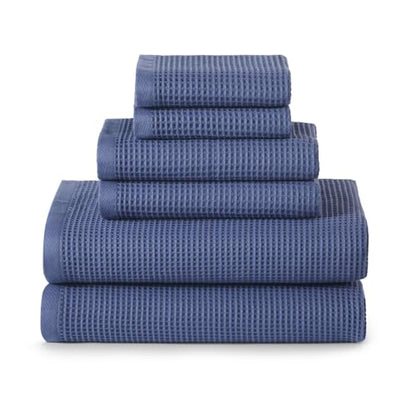 ecolook 6-Piece Waffle Weave Towel Set, 100% Cotton, Lightweight, Absorbent & Quick-Drying, 2 Bath Towels (31×63 in), 2 Hand Towels, 2 Washcloths, Lint-Free for Bathroom, Pool, Gym, Travel - Blue - color: Blue