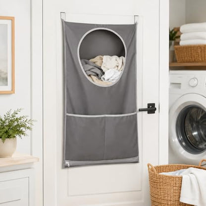 Hanging Laundry Hamper Bag with Over Door Hooks & Adhesive Hooks,Wall Mount Dirty Clothes Storage Basket with Bottom Zipper,Waterproof Oxford Fabric Door Hanging Laundry Bag for Towels Toys Blankets S