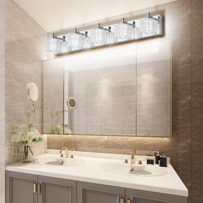 Ralbay Chrome Bathroom Vanity Light Fixtures 5 Lights Modern LED Chrome Vanity Light Over Mirror Modern Crystal Vanity Lights - color: Chrome, size: 31.5 inch