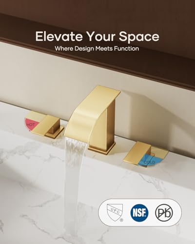 AVSIILE Waterfall Bathroom Faucet 3 Hole, Brushed Gold 8 Inch Widespread Modern 3 Piece Bathroom Sink Faucet, Touch On Lavatory Faucet for Vanity RV Restroom, Curved Spout - color: Brushed Gold, style: Curved Spout