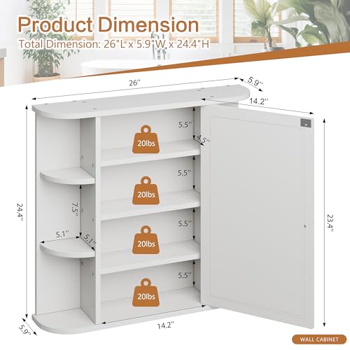 Bathroom Medicine Cabinet, Bathroom Mirror Cabinet Wall Mounted with 6 Side Open Shelves, White Wall Cabinet with Mirror, White - color: White