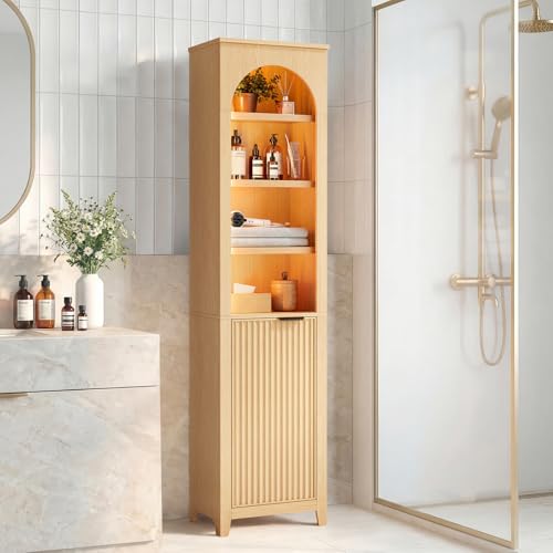 71'' Tall Bathroom Storage Cabinet with Light, 7-Tier Freestanding Narrow Bathroom Cabinet with Adjustable Shelf, Fluted Slim Storage Cabinet for Small Spaces, Bathroom, Living Room, Oak