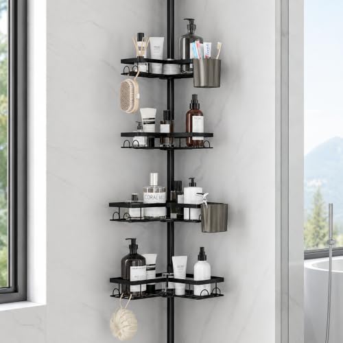 Tension Pole Shower Caddy, 4-Tier Corner Organizer with Hooks & Side Boxes, Thickened Carbon Steel No-Drill Standing Bathroom Storage for Tub & Shower