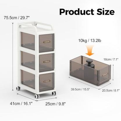 Bathroom Storage with Drawers, 7.87" Wide Slim Storage Cabinet | Narraw Cart with Wheels for Small Spaces Kitchen Office Bedroom Dinning Room Under Desk, 26" Tall - size: 20x41x65 cm