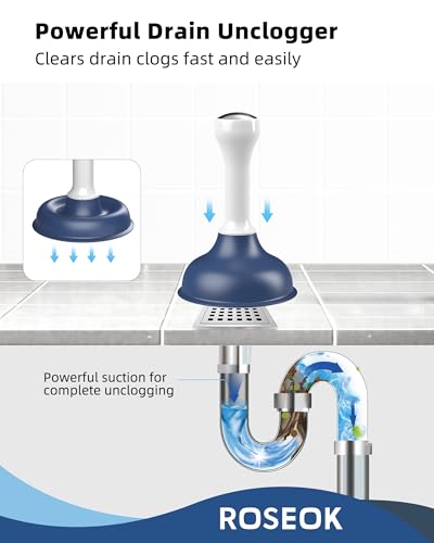 ROSEOK Sink Plunger, Mini Plunger with Short Handle, Powerful Small Plunger | For Bathroom Sinks, Kitchen Sinks, Tubs, Shower Drains, Navy Blue