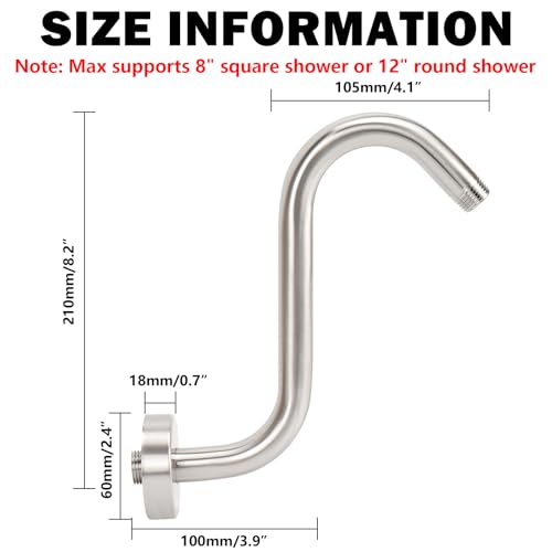 NearMoon S Shaped Shower Head Riser Arm, Shower Extender Arm with Flange, Standard 1/2" Connection- Bathroom Accessory (8 Inch, Brushed Nickel) - color: Brushed Nickel, style: 8 Inch
