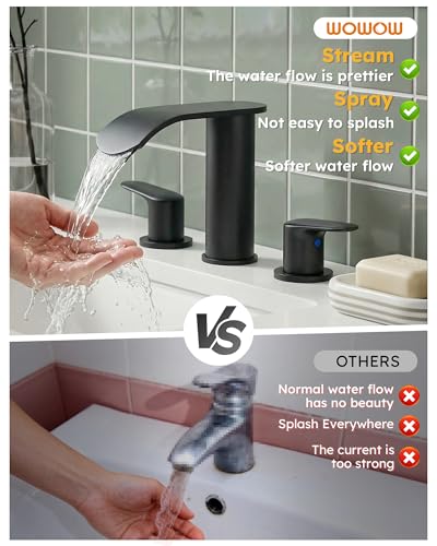 WOWOW Waterfall Bathroom Faucet 3 Hole: 8 Inch Widespread Bathroom Sink Faucet, Matte Black Bathroom Faucet Two Handles Lavatory Vanity Sink Faucets with Pop-up Drain & Supply Hoses - color: Matte Black