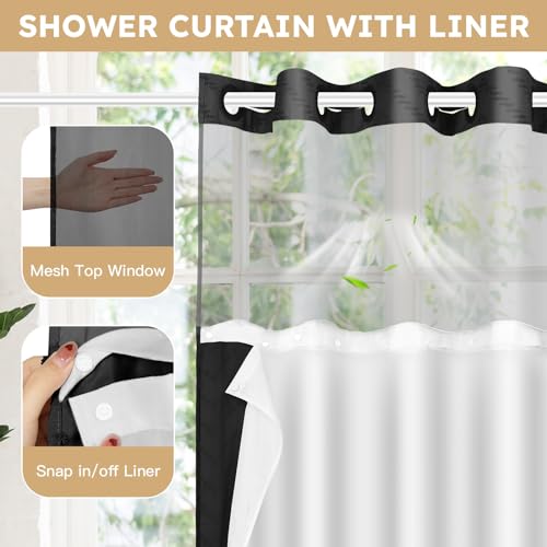FADOTY Black No Hook Shower Curtain Set with Snap in Liner, 71'' x 74'' | Bathroom Hotel Fabric Curtain, Waterproof Washable Liner, See Through Top Window, Ringless Chevron Tufted Cloth Curtain - color: Black, size: 71"W x 74"L (Pack of 1)