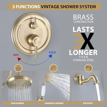 Rainfall Shower System with Handheld Sprayer,Brushed Gold Antique Shower Faucet Sets,Shower Fixture Combo with Brass Pressure Balance Valve,Complete Shower System Kit with Foldable Tub Spout - color: Brushed Gold