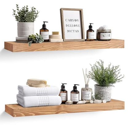 Solid Wood Floating Shelves, 36 Inch Wall Shelves, Set of 2, Oak | 8 Inch Deep, 1.6 Inch Thick, Extra-Wide Display Space, Mounting Hardware Included, For Kitchen, Bathroom and Living Room - color: Oak, size: 36x8x1.6
