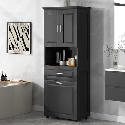 JIVOIT 70" H Tall Bathroom Cabinet with Laundry Basket, Double Cabinets with Doors and Open Storage Space, Tilt-Out Laundry Hamper and Upper Storage Cabinet (Black * 102) - color: Black * 102