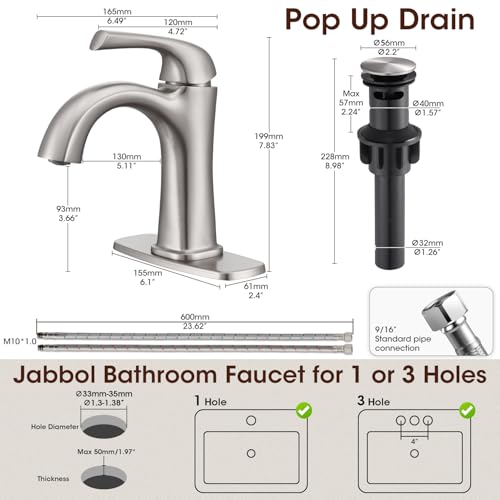 Brushed Nickel Single Hole Bathroom Faucet, Single Handle Brass Bathroom Sink Faucet, Lavatory Vanity Faucet for 1 or 3 Holes, Bathroom Faucets with Pop Up Drain and Supply Lines, Deck Plate - color: A-Brushed Nickel