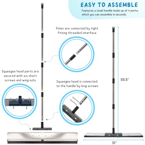 Floor Squeegee for Concrete Water Removal, 31'' Large Heavy Duty Water Pusher with Splash Guard for Garage, Deck, Driveway, Pool, Patio, Tile, 55.5’’ Long Handle Commercial Outdoor Rubber Squeegees - size: 31in