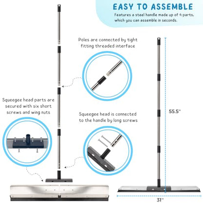 Floor Squeegee for Concrete Water Removal, 31'' Large Heavy Duty Water Pusher with Splash Guard for Garage, Deck, Driveway, Pool, Patio, Tile, 55.5’’ Long Handle Commercial Outdoor Rubber Squeegees - size: 31in