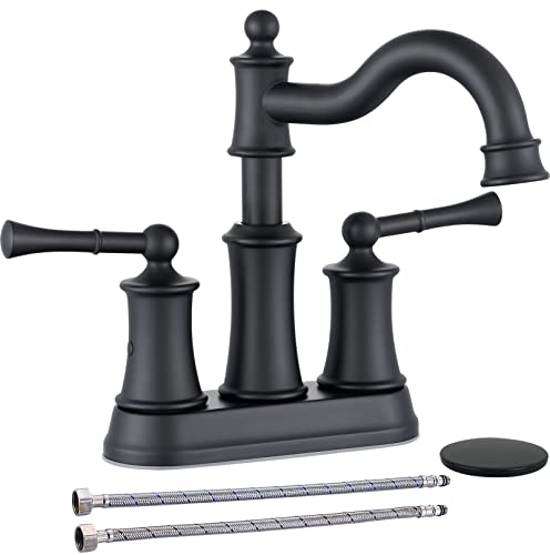 Roman Bathroom Sink Faucet Deck Mount or Wall Mount Installation Pop-up Drain Assembly with Overflow Deck Plate and Water Supply Lines Included (2 Hole Deck Mount, Matte Black) - color: Matte Black, style: 2 Hole Deck Mount