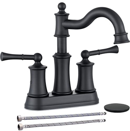 Roman Bathroom Sink Faucet Deck Mount or Wall Mount Installation Pop-up Drain Assembly with Overflow Deck Plate and Water Supply Lines Included (2 Hole Deck Mount, Matte Black) - color: Matte Black, style: 2 Hole Deck Mount