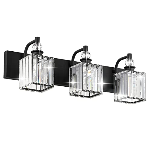 Ralbay Crystal Black Vanity Light for Bathroom 3 Light 24''Modern Matte Black Bathroom Vanity Lighting Fixtures Over Mirror - color: Square-Black, size: 24 inch