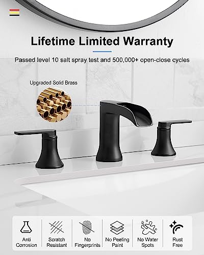 Waterfall Bathroom Sink Faucet, Brass Black Bathroom Faucet, 4-8 Inch 2 Handles Widespread Bathroom Faucets for Sink 3 Hole Vanity Lavatory Farmhouse RV with Pop Up Drain and Supply Hose - color: Matte Black, style: WITH Pop Up Drain